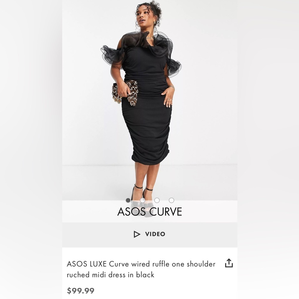 Asos Luxe Curve Wired Ruffle One Shoulder Ruched Midi Dress in Black Size 16